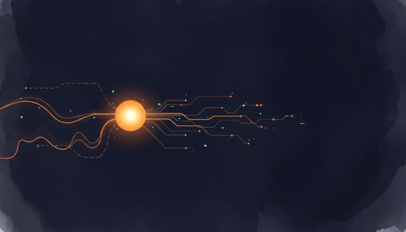 Abstract illustration of several data paths converging into one node and branching into multiple test paths