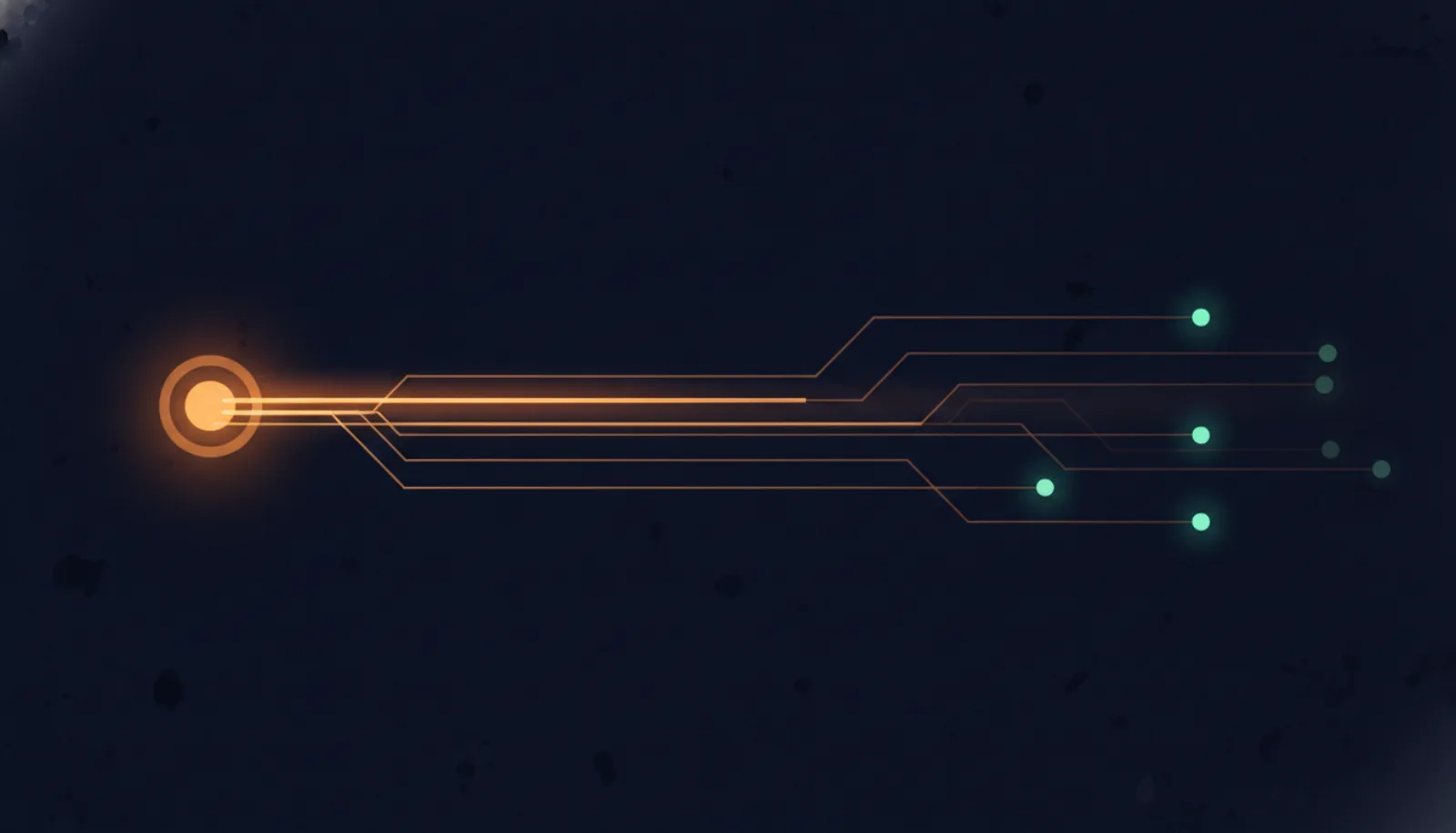 Abstract illustration of amber lines leaving one node, the first three bright and the later ones fading