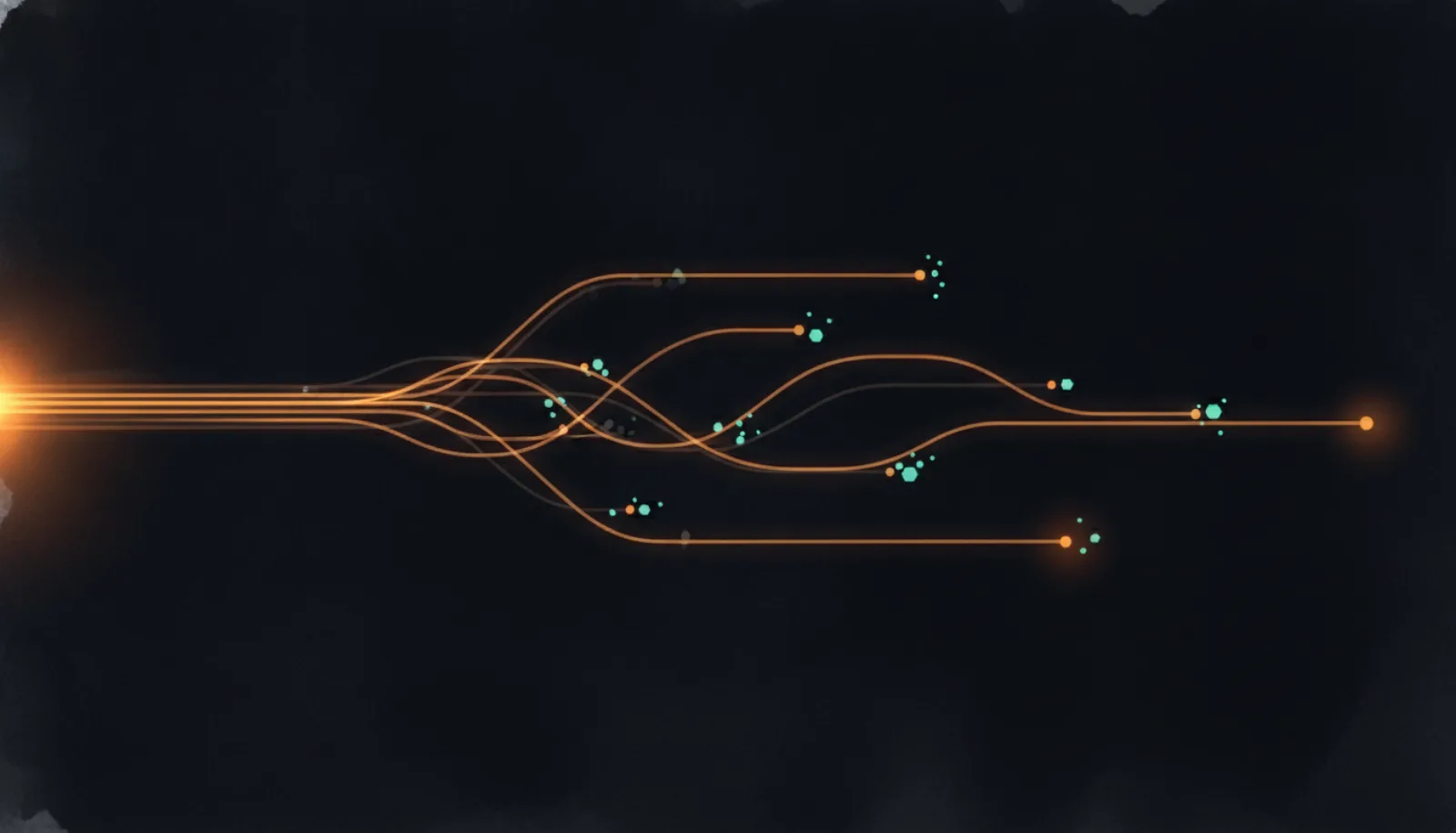 Abstract illustration of four glowing paths fanning out from one source