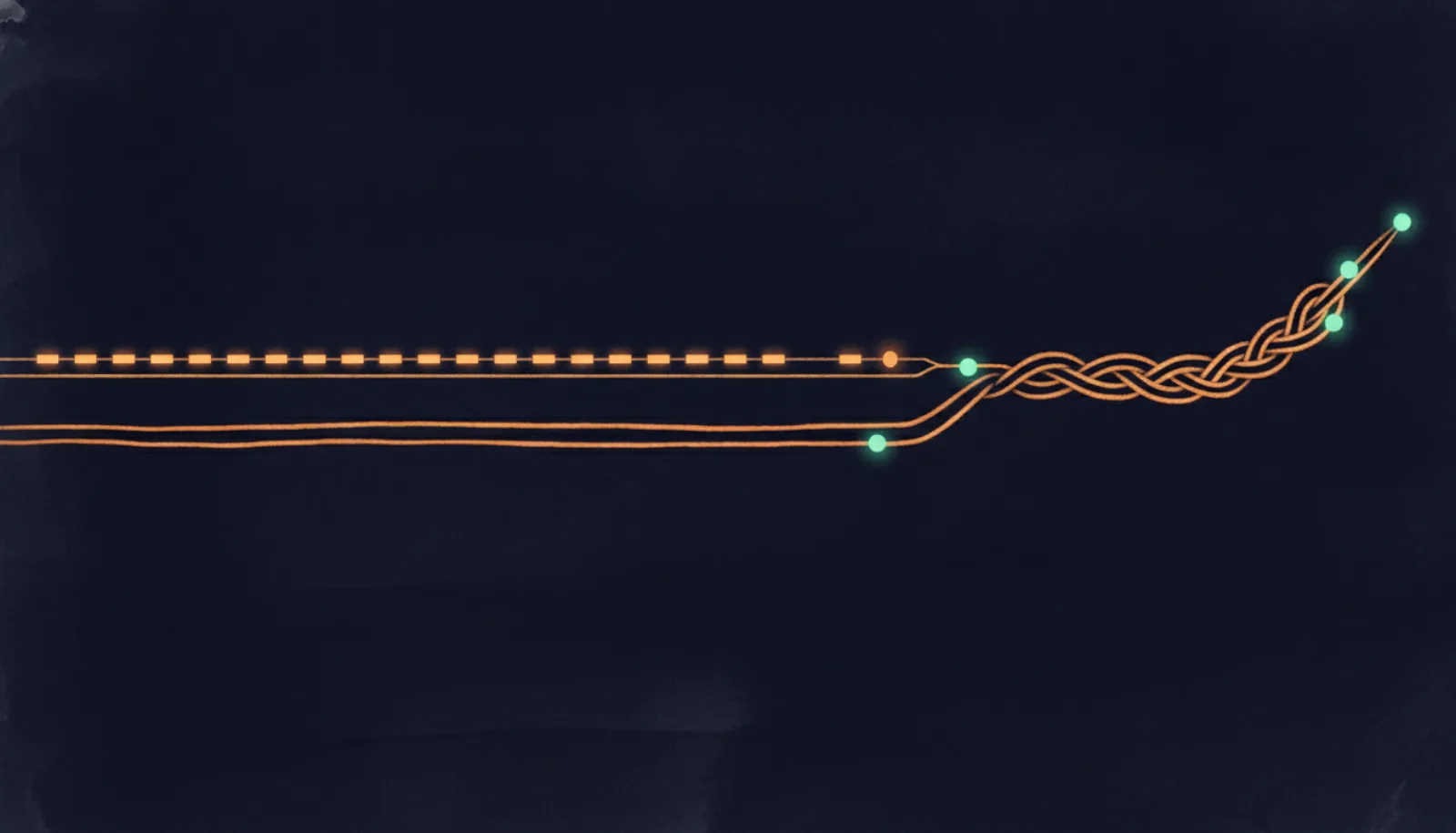 Abstract illustration of a machine-generated line and a hand-drawn line converging into one braided path