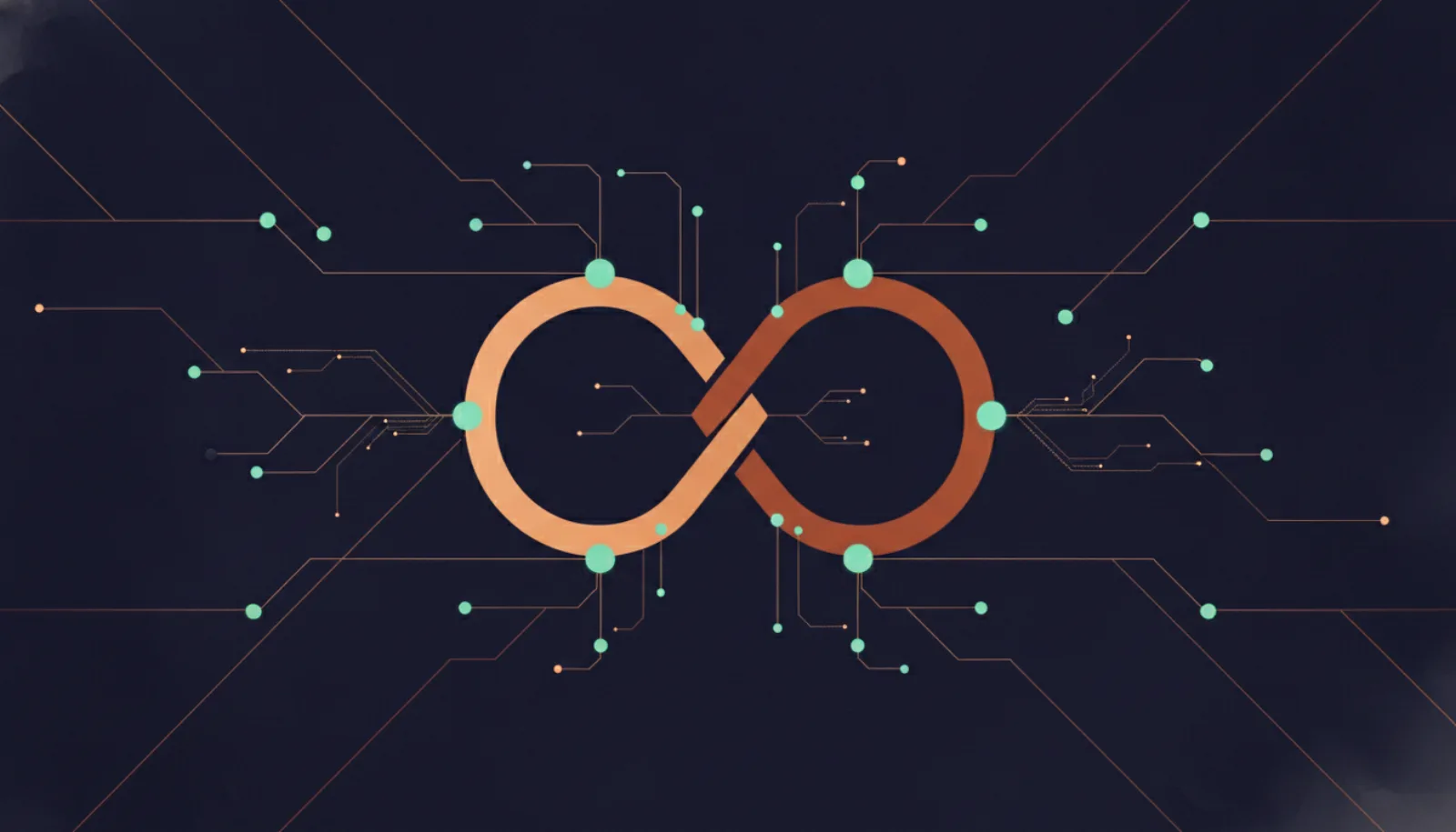 Abstract illustration of two interlocking shapes joined by flowing lines between nodes
