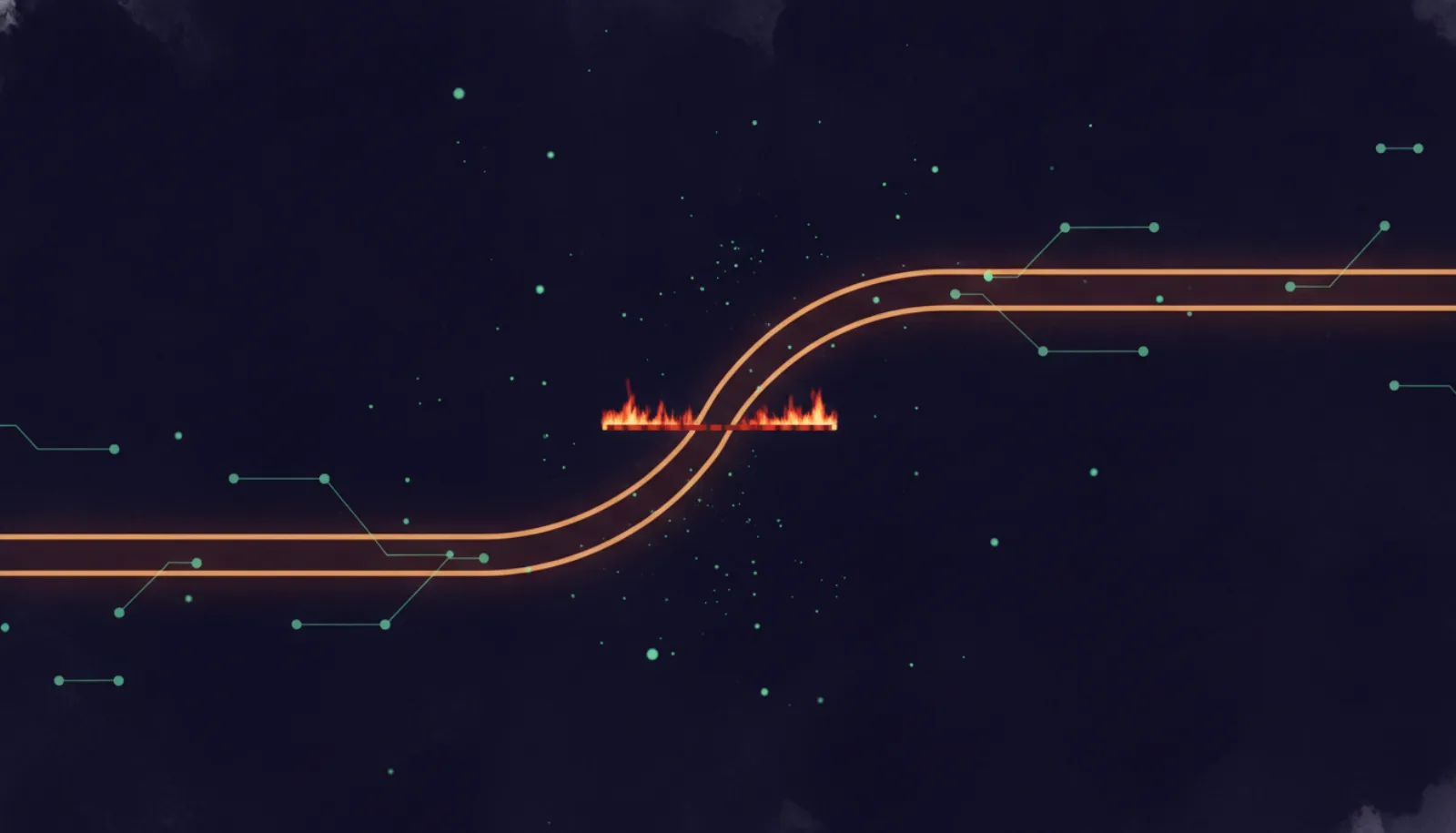 Abstract illustration of two overlapping line paths diverging at one point