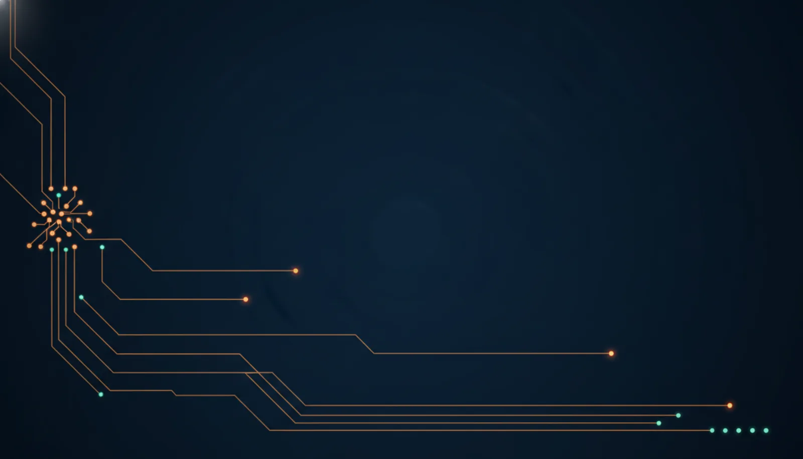 Abstract illustration of one cluster of nodes splitting into several amber paths that end in separate mint points