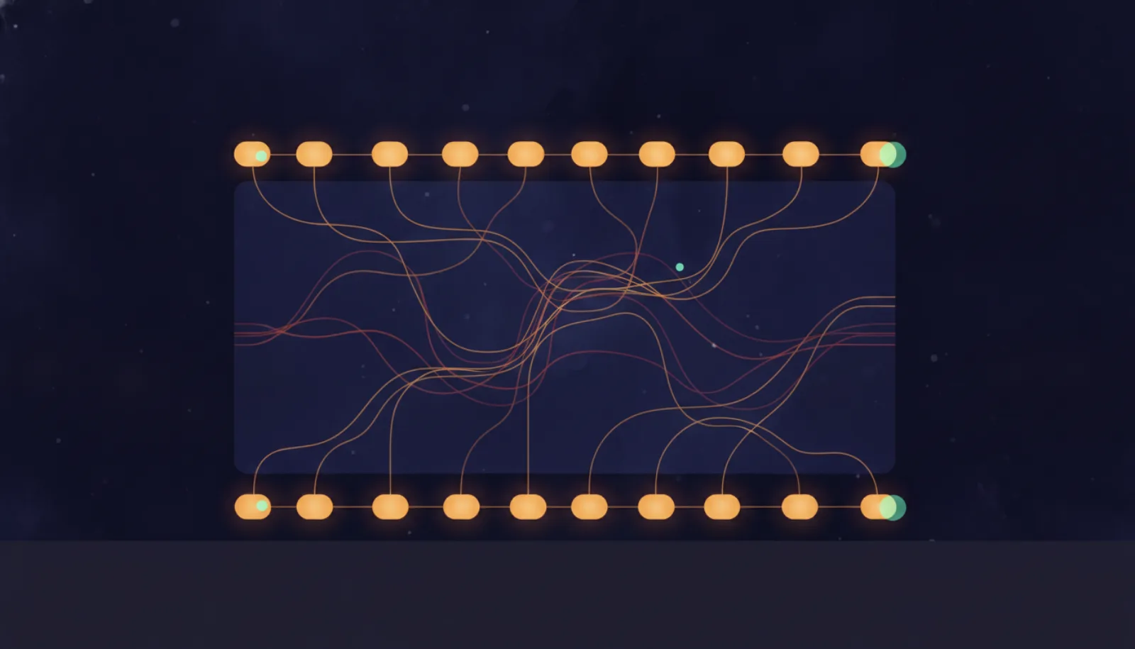 Abstract illustration of two rows of amber nodes joined by thin lines, one row above a frame and one along a baseline
