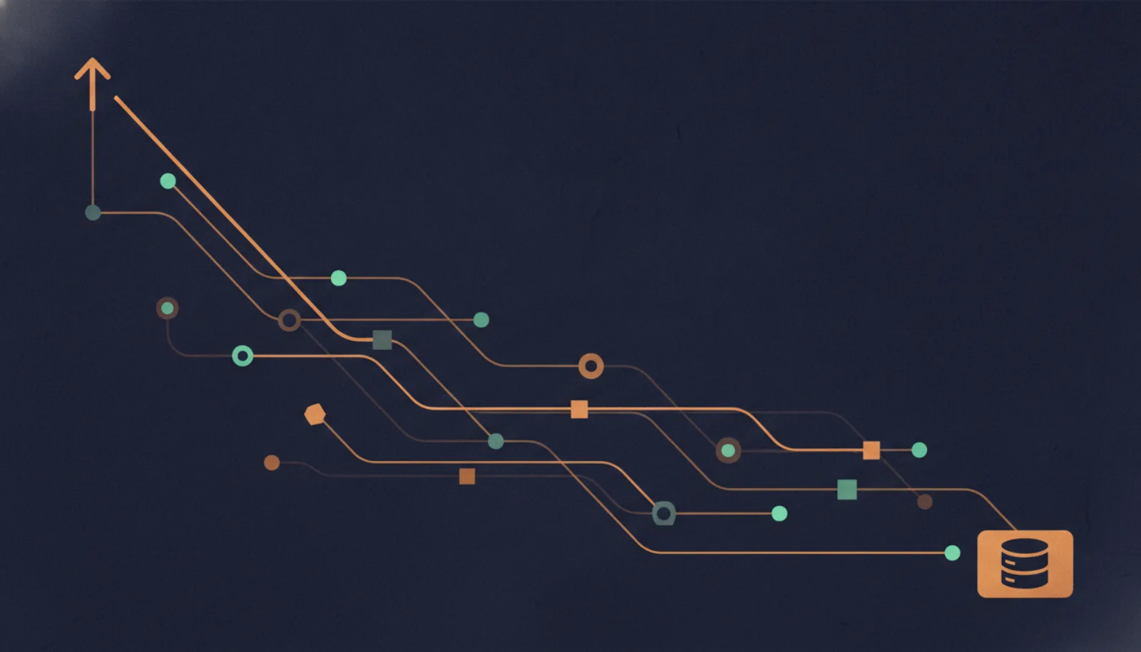 Abstract illustration of one amber line passing through stacked layers of nodes from a top entry point to a base block