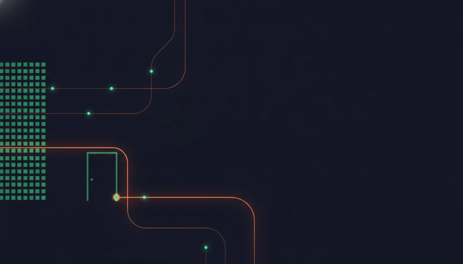 Abstract illustration of a wall of green squares beside an amber path that stops at a dark closed door