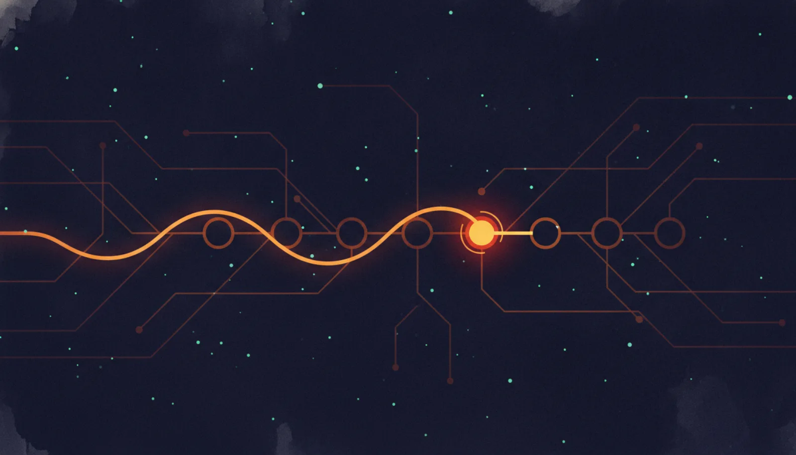 Abstract illustration of an amber line passing through a row of nodes, one of which flickers between two states