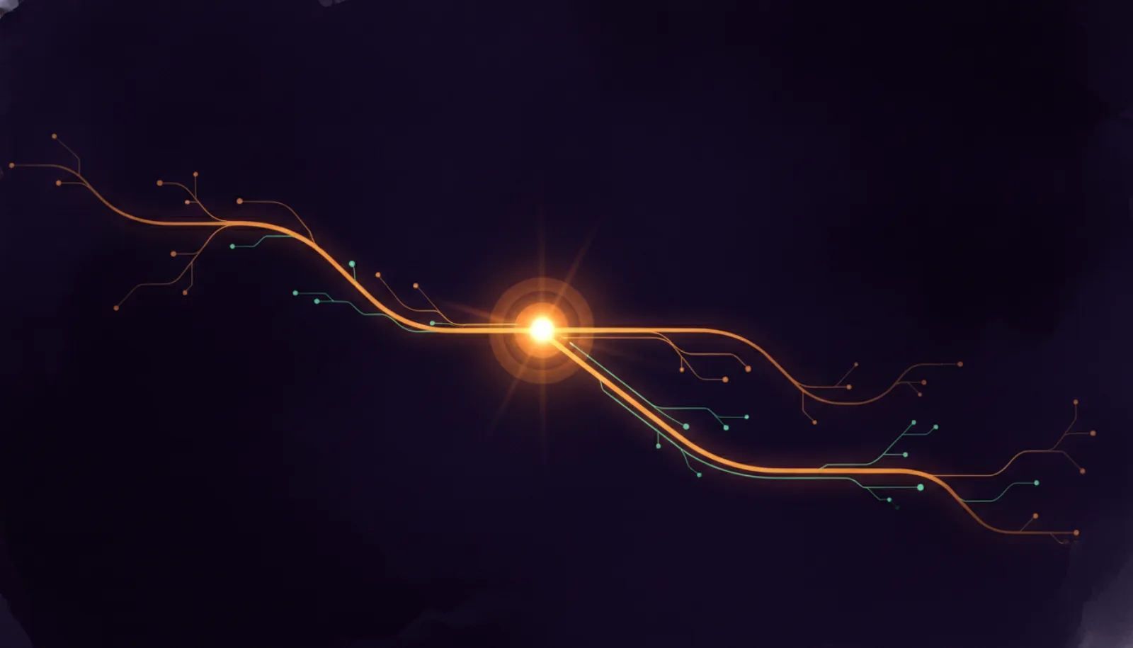 Abstract illustration of two glowing paths merging at a junction