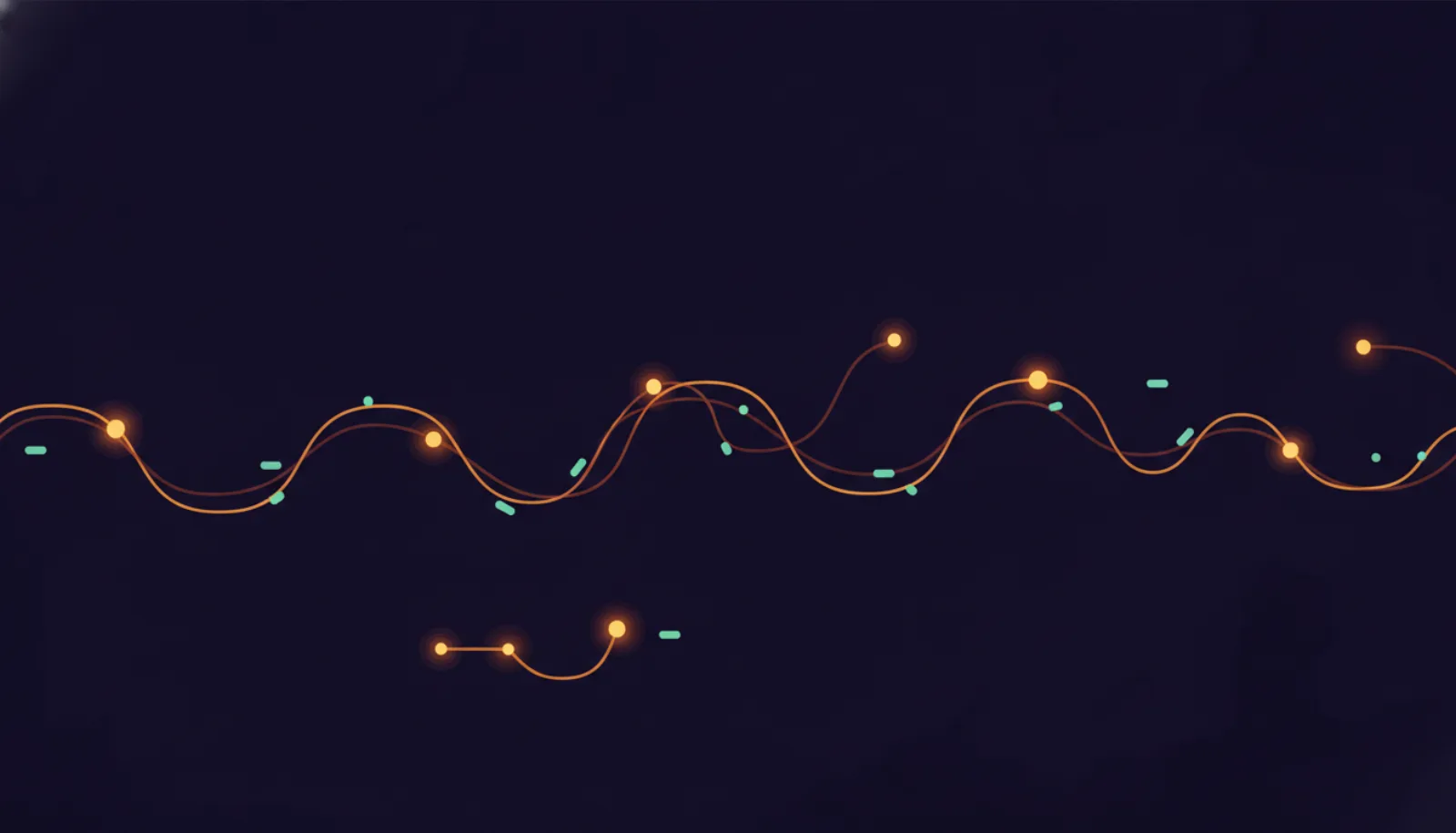 Abstract illustration of one short amber path between two nodes beside a long path crossing many nodes