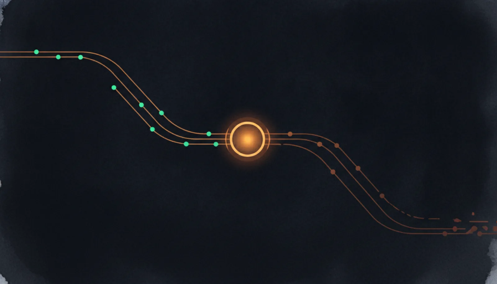 Abstract illustration of one traffic path staying bright and active while a second path fades and branches away