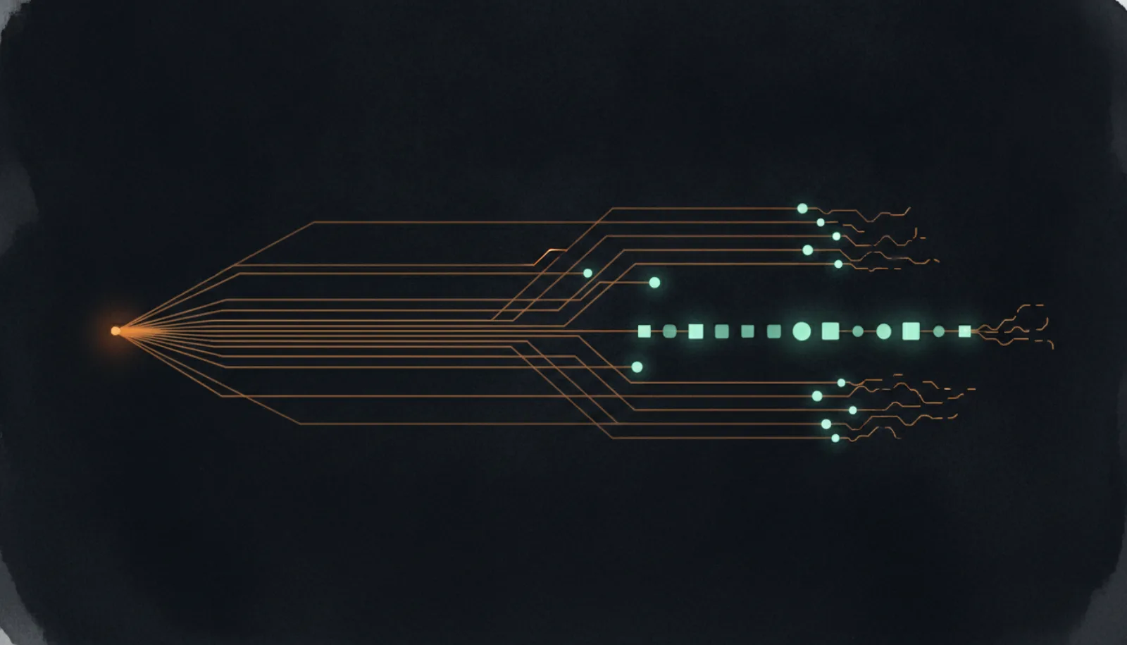 Abstract illustration of amber traffic lines fanning out and thickening toward glowing nodes, with a few lines fraying at the edge
