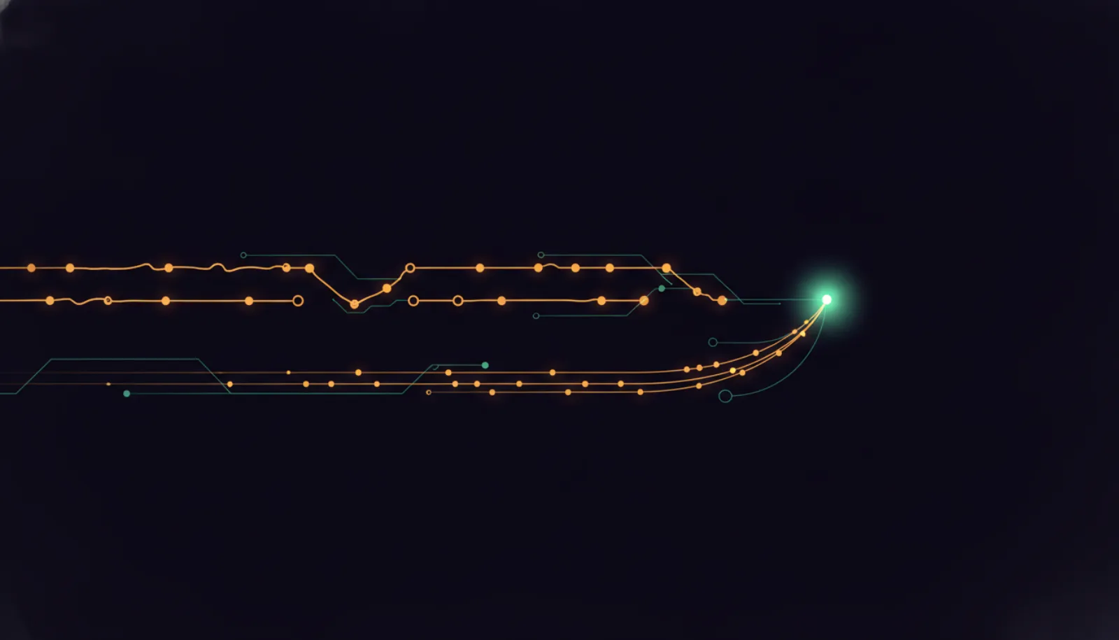 Abstract illustration of two amber paths of connected nodes, one drawn by hand and one traced from traffic, meeting at a single point