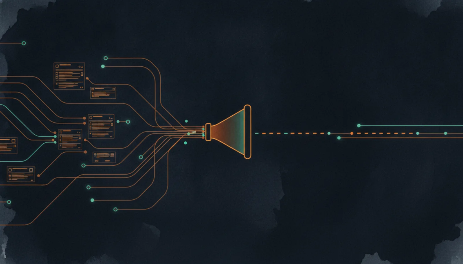 Abstract illustration of two different traffic paths, one from a cluster of nodes and one from a straight line, converging into a single pipeline funnel