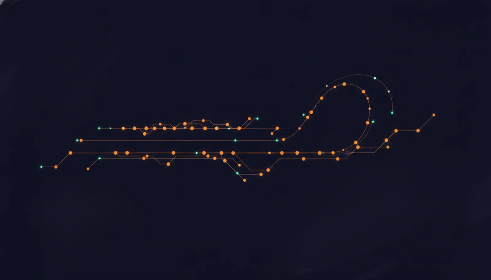 Abstract illustration of a short tight line of nodes beside a long branching one joined by a looping amber trail