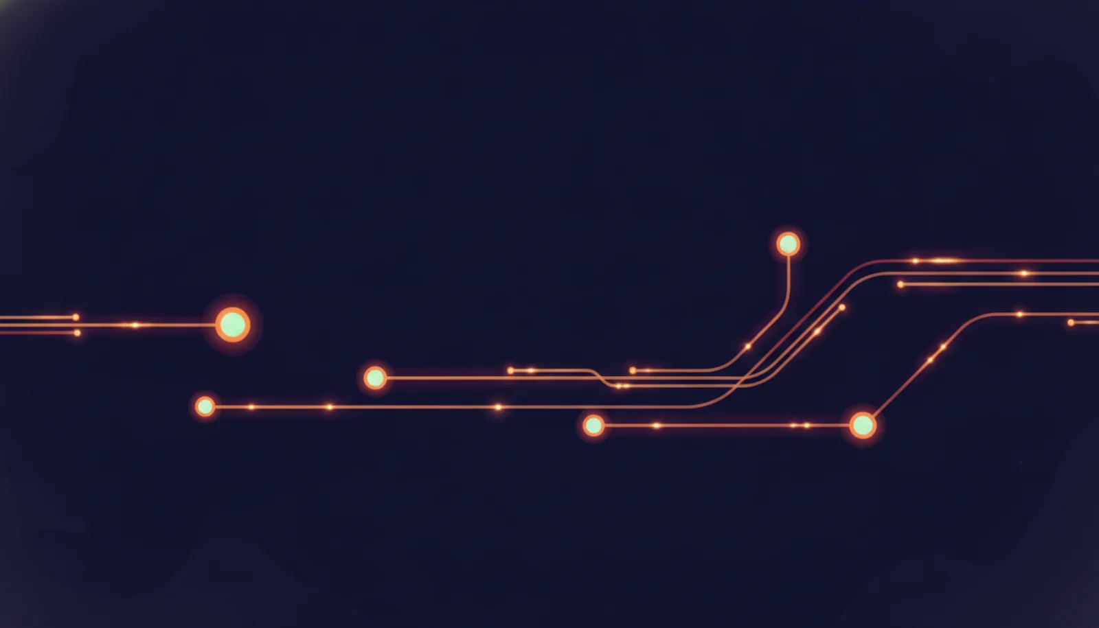 Abstract illustration of one short straight path beside a longer branching path of linked nodes