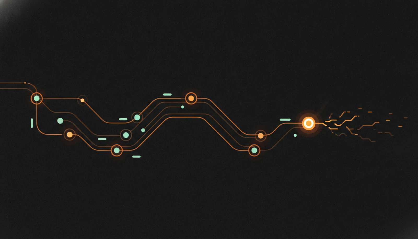 Abstract illustration of a glowing token passed forward through a chain of connected nodes, with one broken path where a token is rejected