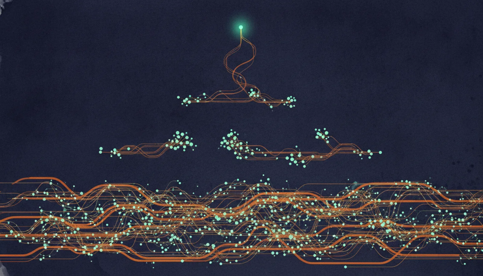 Abstract illustration of a three-layer pyramid of connected nodes, wide at the base and narrow at the top