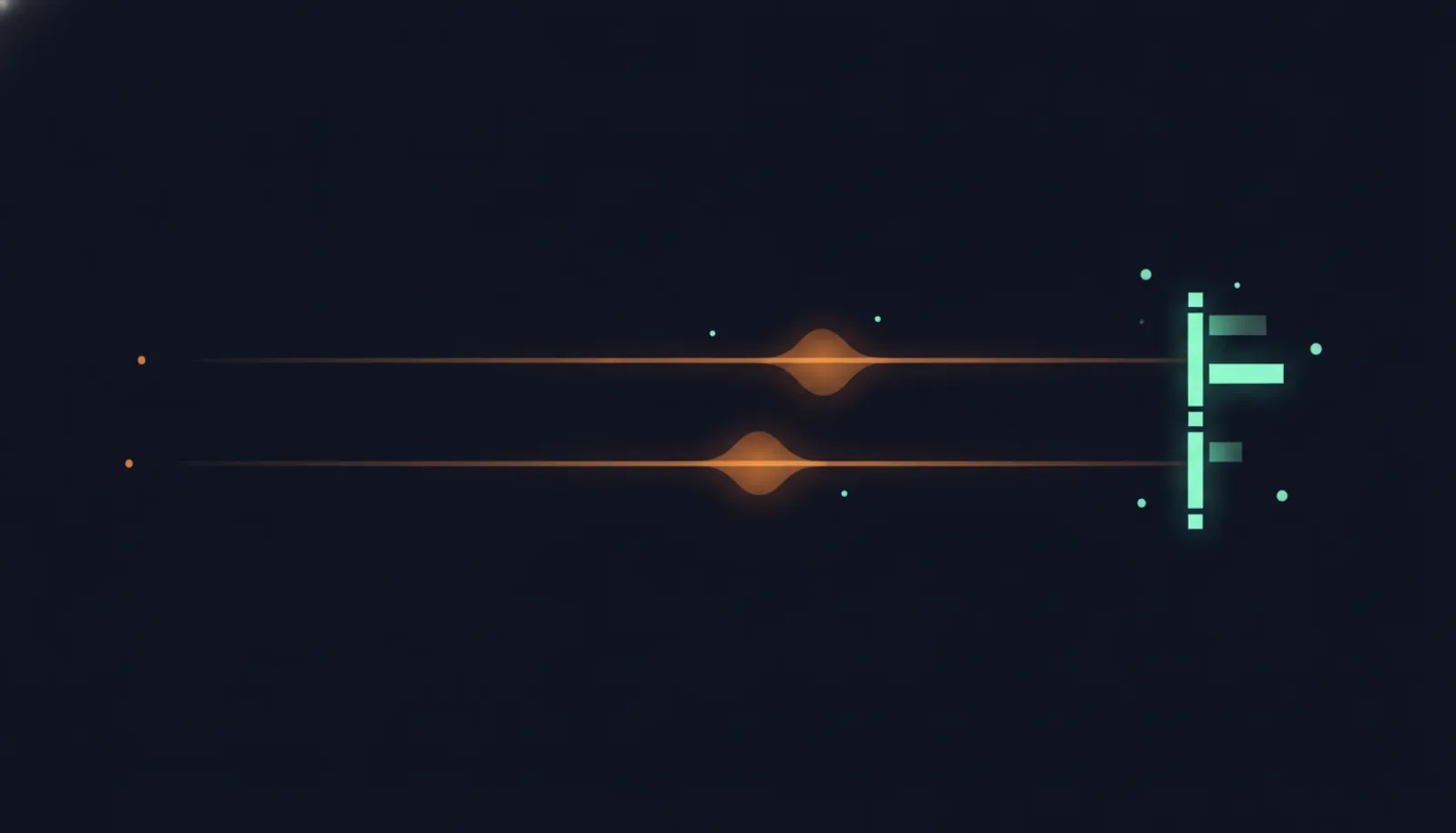 Abstract illustration of two amber lines that bulge slowly before a mint gate stops them