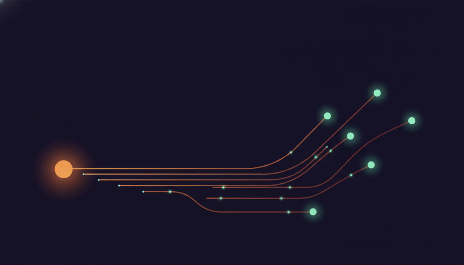 Abstract illustration of one node sending five separate lines to five glowing nodes