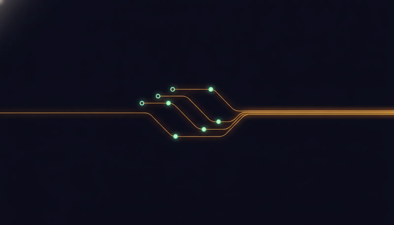 Abstract illustration of one amber line splitting into parallel paths through small mint nodes